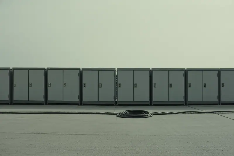 A row of metal storage lockers on a marina quay with coiled hoses and a shore power cable on the concrete.